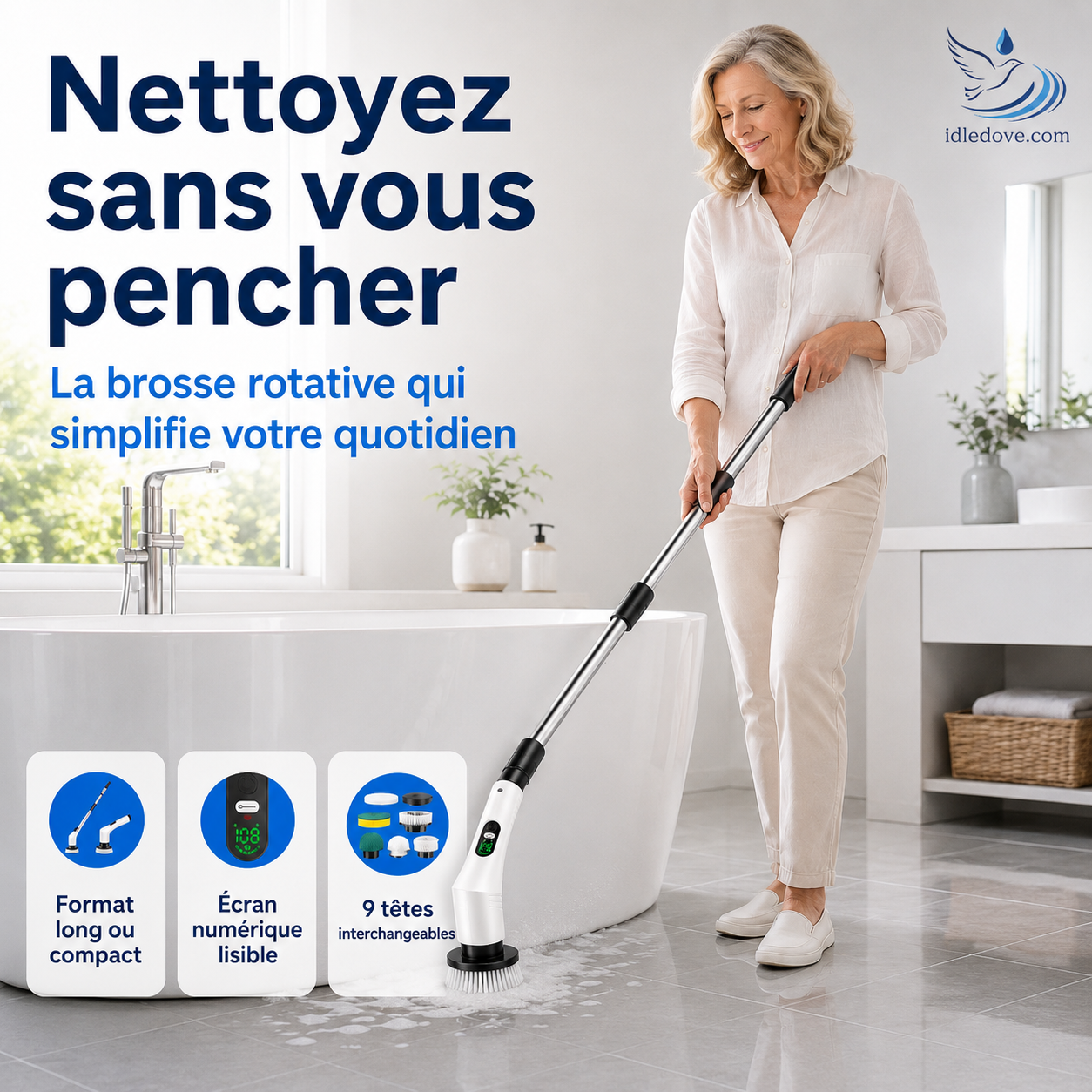 🧼 -50% | Brosse de nettoyage électrique rotative améliorée avec écran LED – Nettoyage puissant et pratique