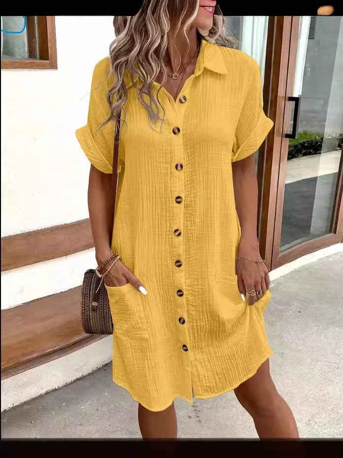 🔥Vente chaude🔥Robe chemise boutonnée à manches courtes et à poches pour femmes