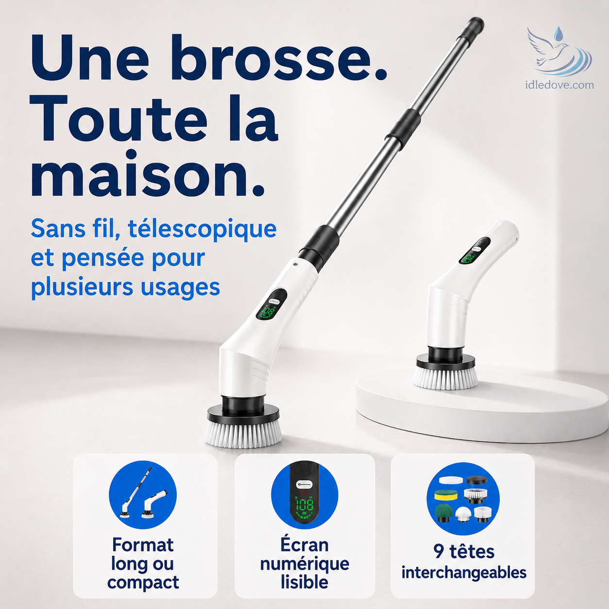 🧼 -50% | Brosse de nettoyage électrique rotative améliorée avec écran LED – Nettoyage puissant et pratique