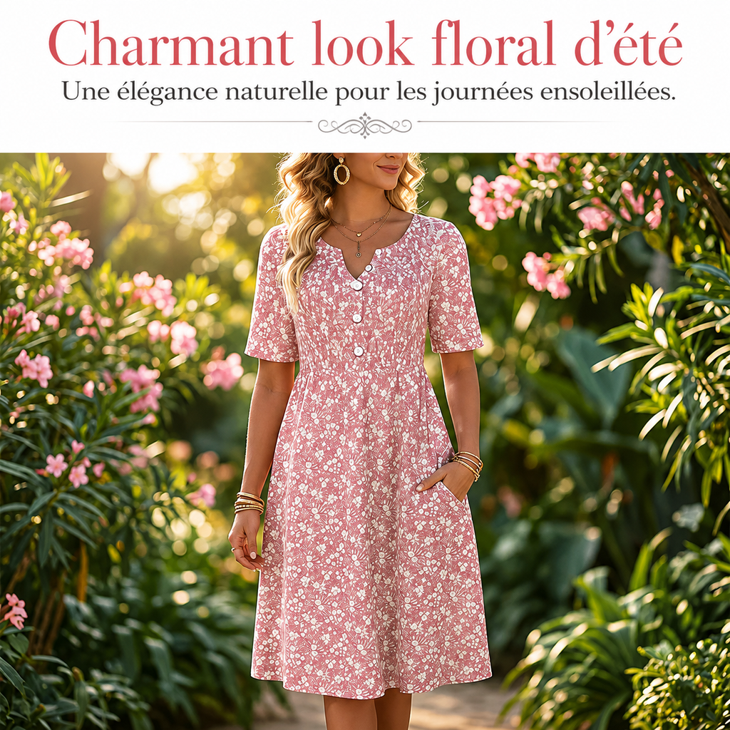 🌸 -50% | Robe décontractée à col V pour femme – Imprimé tendance avec poches👗