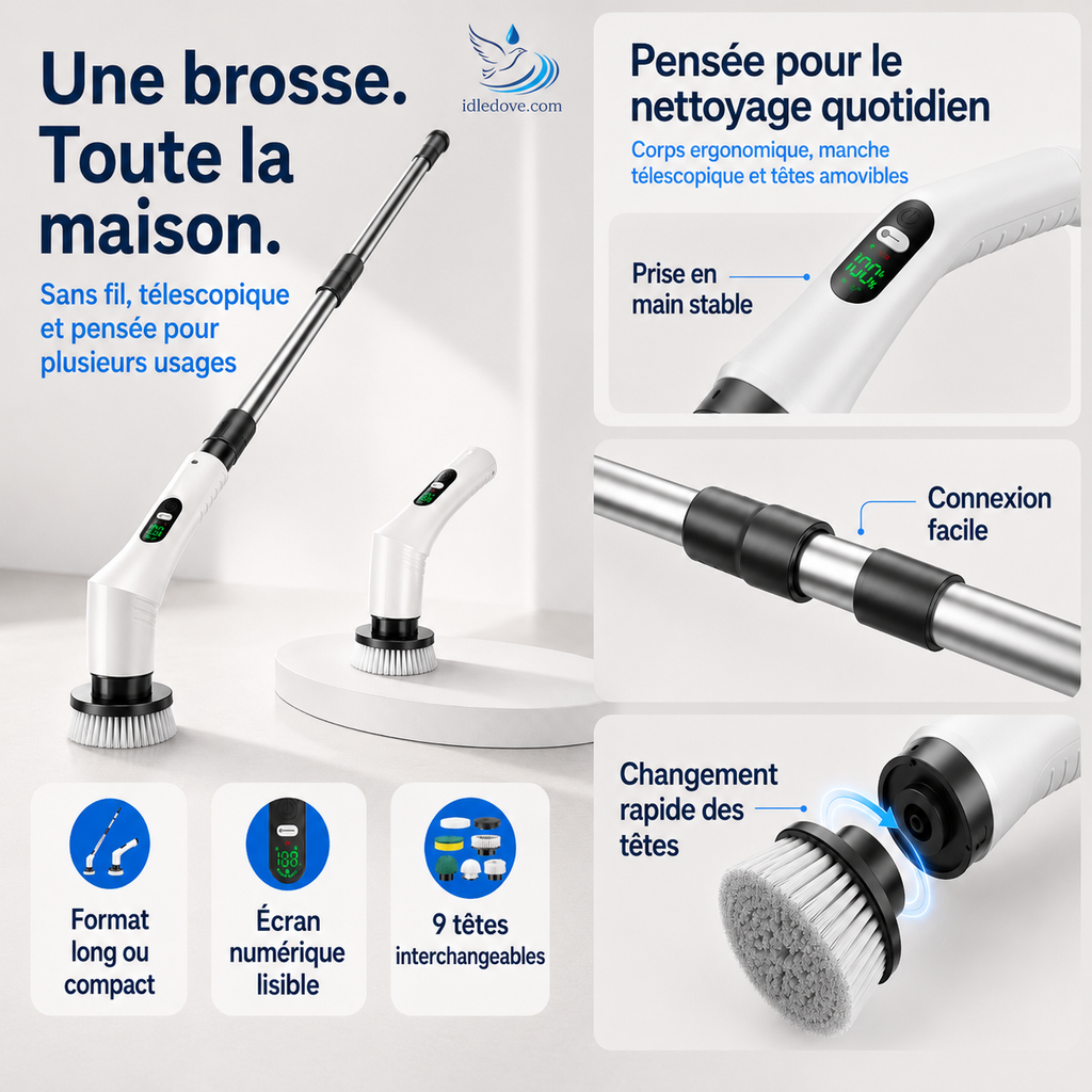 🧼 -50% | Brosse de nettoyage électrique rotative améliorée avec écran LED – Nettoyage puissant et pratique