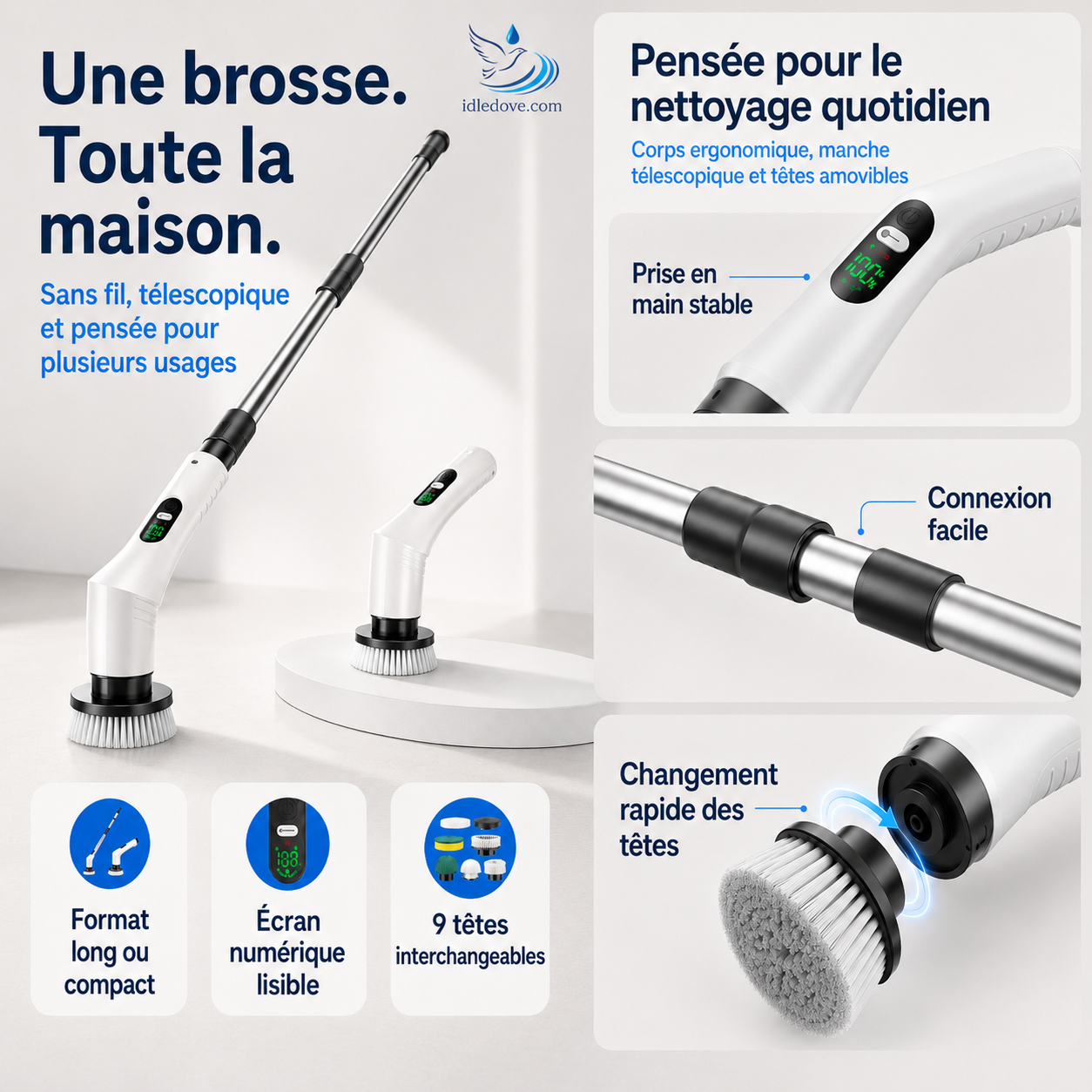 🧼 -50% | Brosse de nettoyage électrique rotative améliorée avec écran LED – Nettoyage puissant et pratique