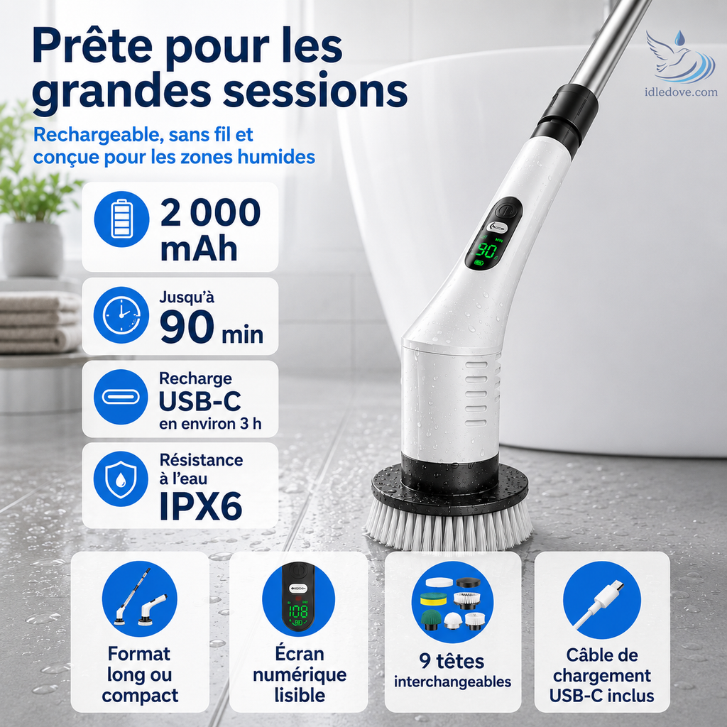 🧼 -50% | Brosse de nettoyage électrique rotative améliorée avec écran LED – Nettoyage puissant et pratique