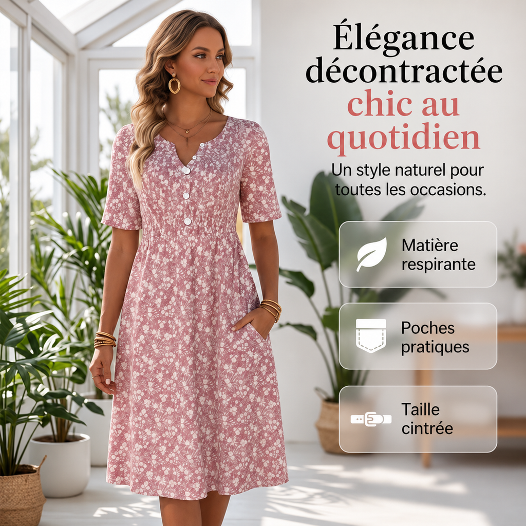 🌸 -50% | Robe décontractée à col V pour femme – Imprimé tendance avec poches👗