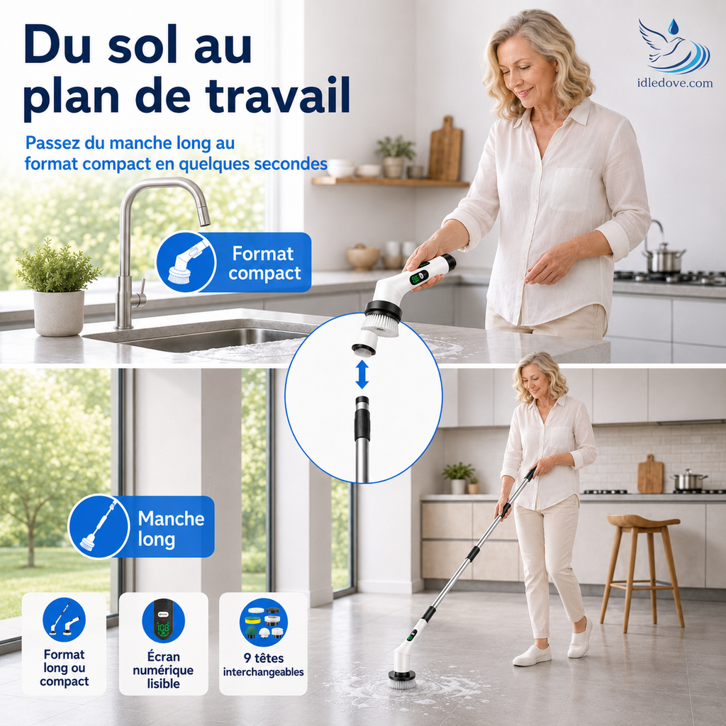 🧼 -50% | Brosse de nettoyage électrique rotative améliorée avec écran LED – Nettoyage puissant et pratique
