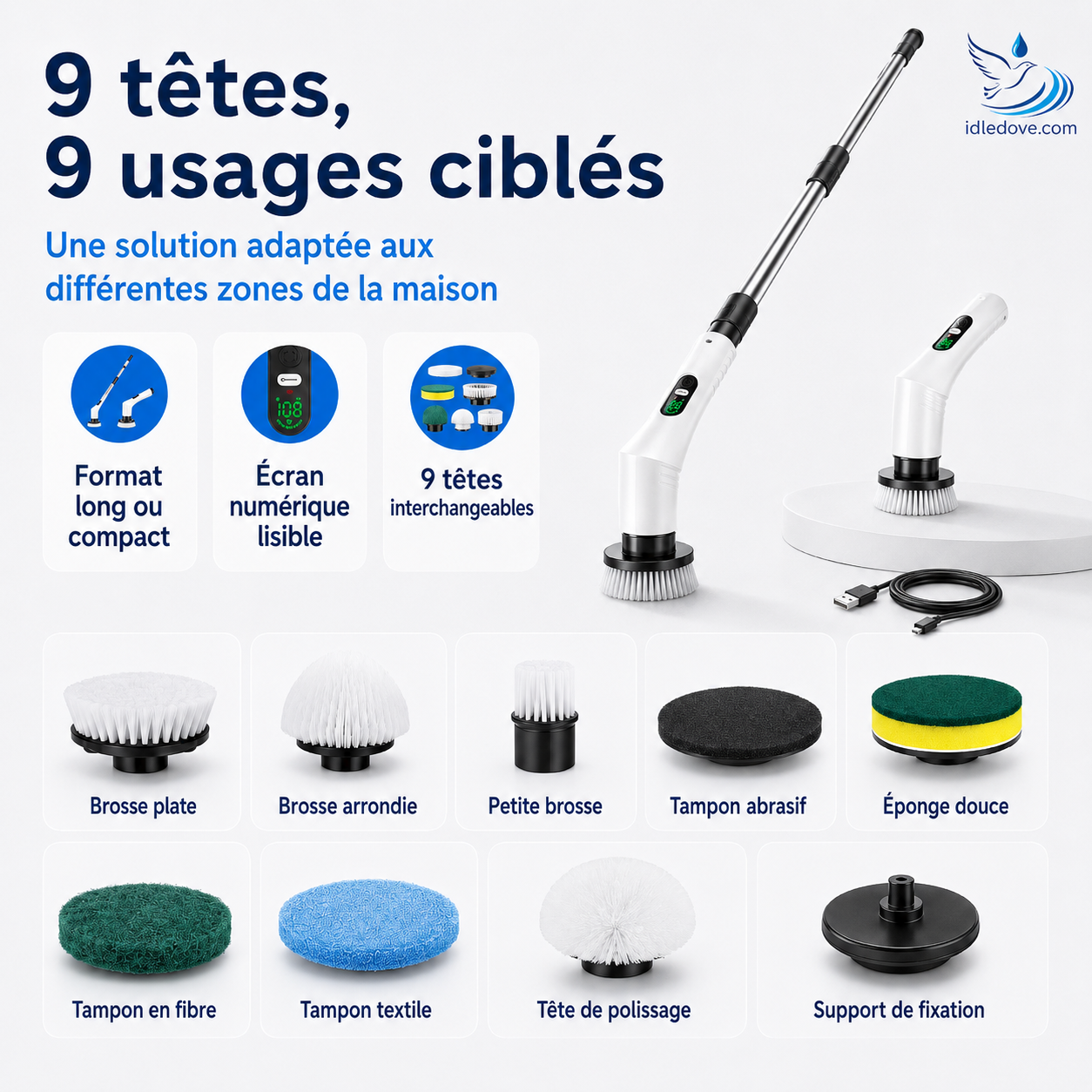 🧼 -50% | Brosse de nettoyage électrique rotative améliorée avec écran LED – Nettoyage puissant et pratique