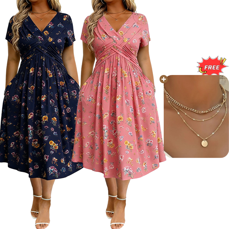 👗 50% DE RÉDUCTION ! 💐Robe pour femme à encolure en V, motif floral et taille froncée🌺