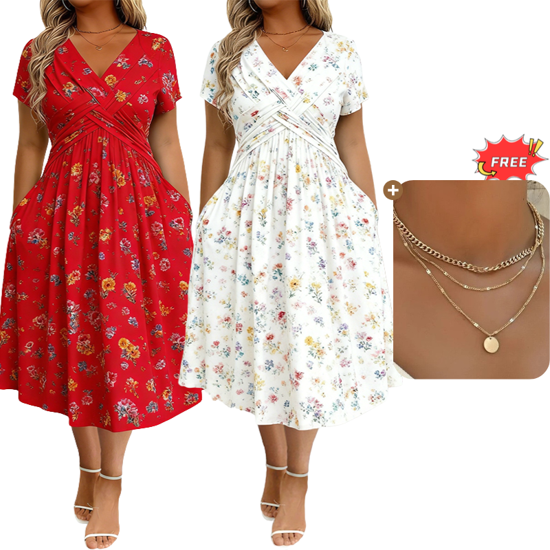 👗 50% DE RÉDUCTION ! 💐Robe pour femme à encolure en V, motif floral et taille froncée🌺