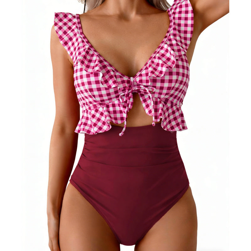 🏖️Soldes d'été 🌊 Maillot de bain une pièce Aqua Eve pour femme, amincissant au niveau du ventre 💃 Encolure en V flatteuse 🩱 Design froncé amincissant 🌸 Volants élégants et découpes chics 💕