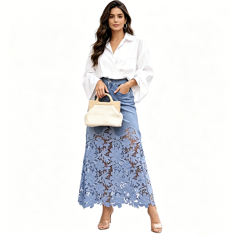 Jupe moulante en jean pour femme avec bordure en dentelle ajourée