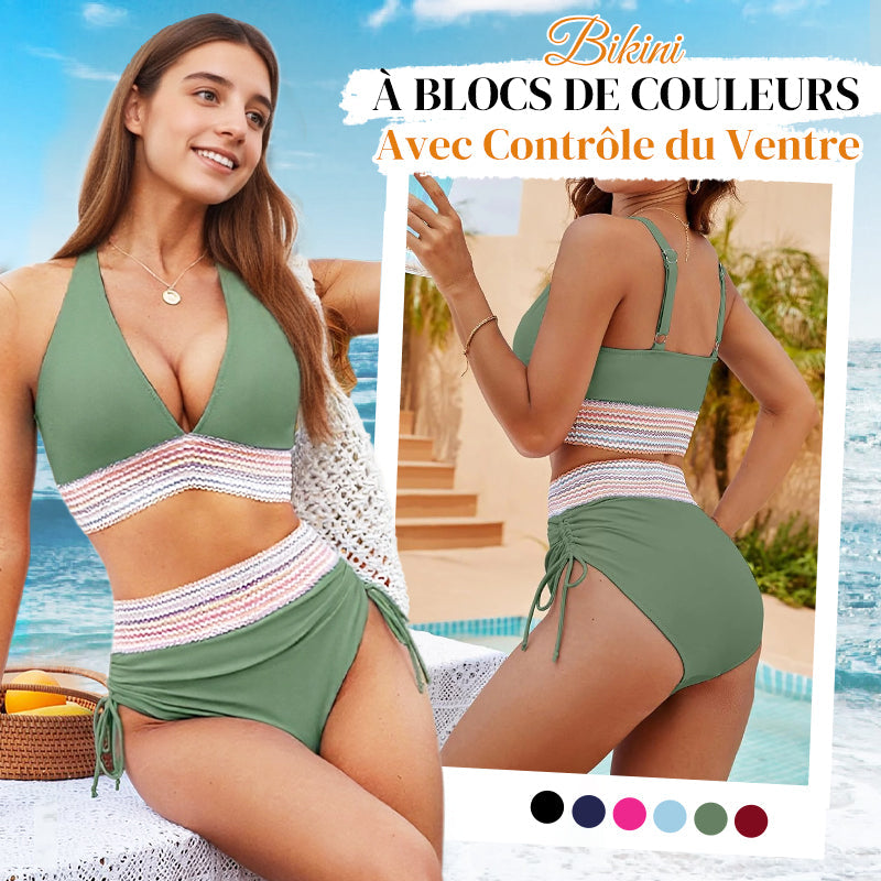 🔥Buy 2 get free shipping💃High Waisted Tummy Control Color Block Bikini Set
