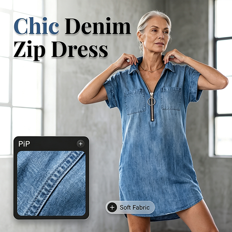 ⌛Offre à durée limitée – Robe-chemise décontractée en jean pour femme, coupe ample, revers, manches courtes, fermeture éclair et poches