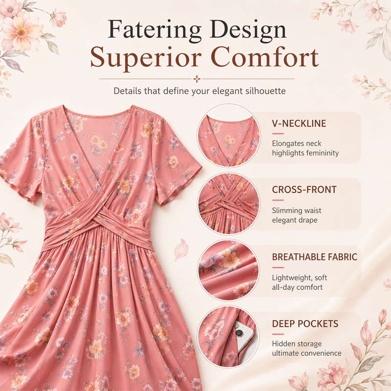 👗 50% DE RÉDUCTION ! 💐Robe pour femme à encolure en V, motif floral et taille froncée🌺